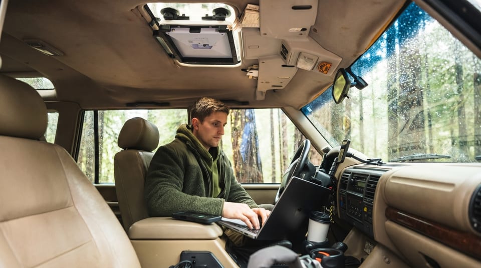 Starlink Mini mount with suction cup attachment in a scenic mobile setup