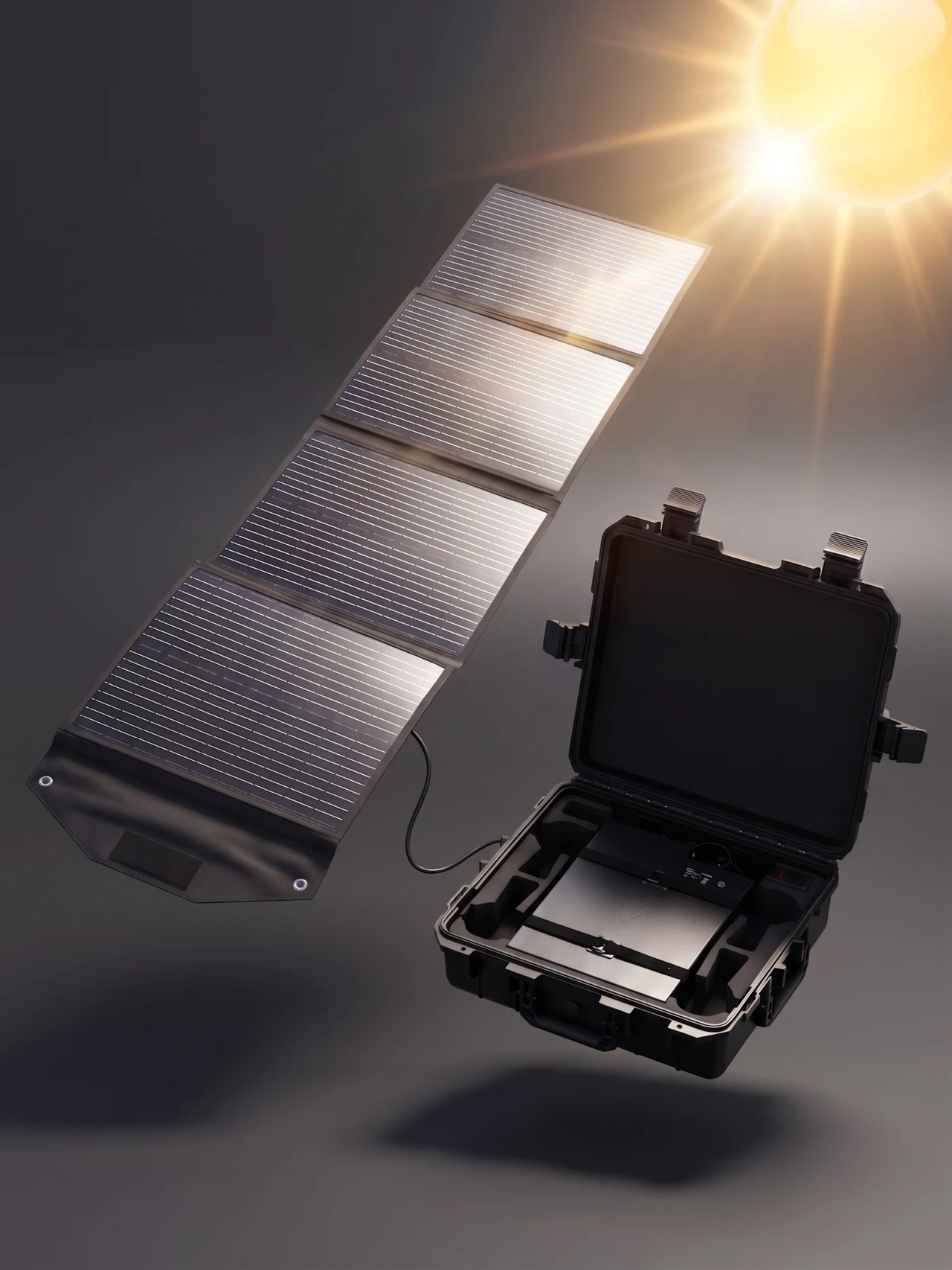 Open VBAT45 case and folding solar panel in bright field light