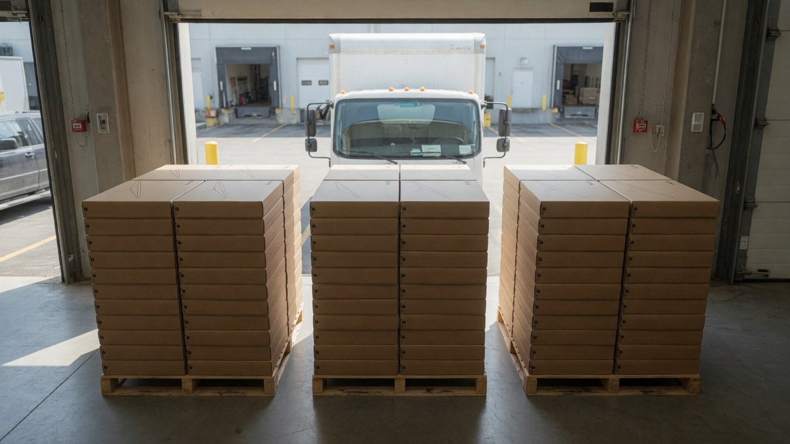 Loading dock stacked with outbound Starlink Mini freight