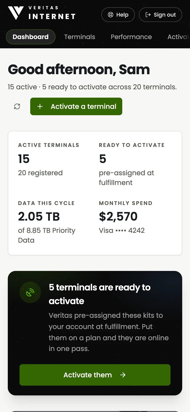 Veritas Internet on a phone, showing active dishes and data use