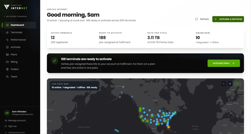 Veritas Internet dashboard with a live fleet map, active dishes, and data use