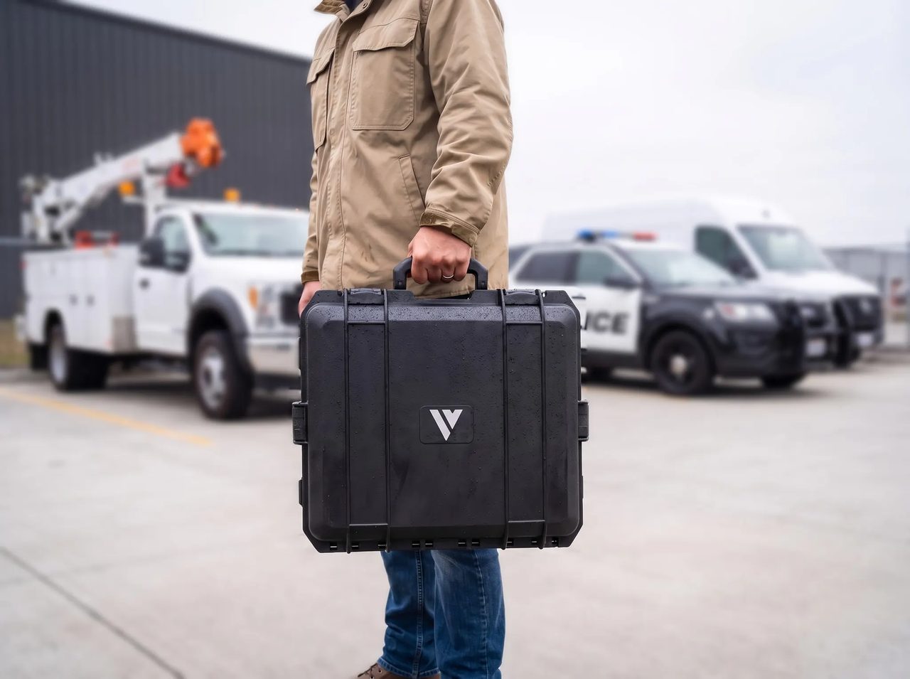 Veritas hard case carried past a utility truck and a police SUV