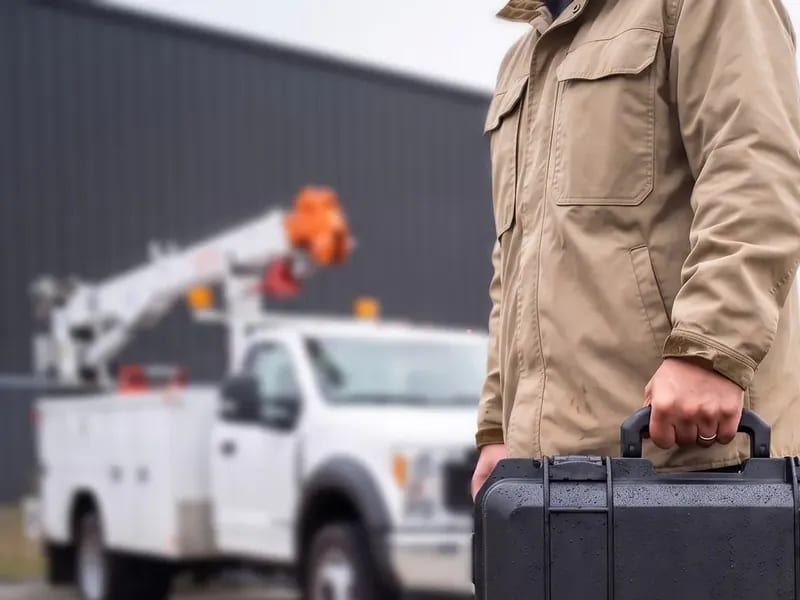 A field worker carrying a Veritas kit past a utility truck
