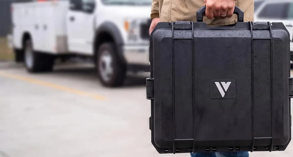 A Veritas hard case carried past a fleet utility truck