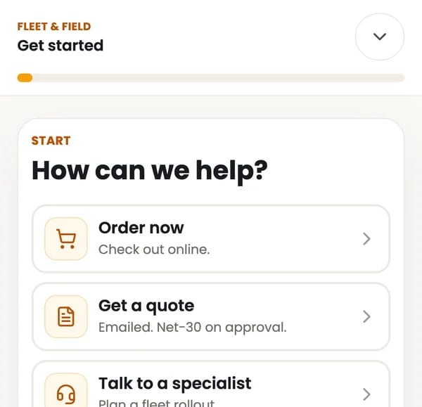 The Get started screen on a phone: Order now, Get a quote, or Talk to a specialist