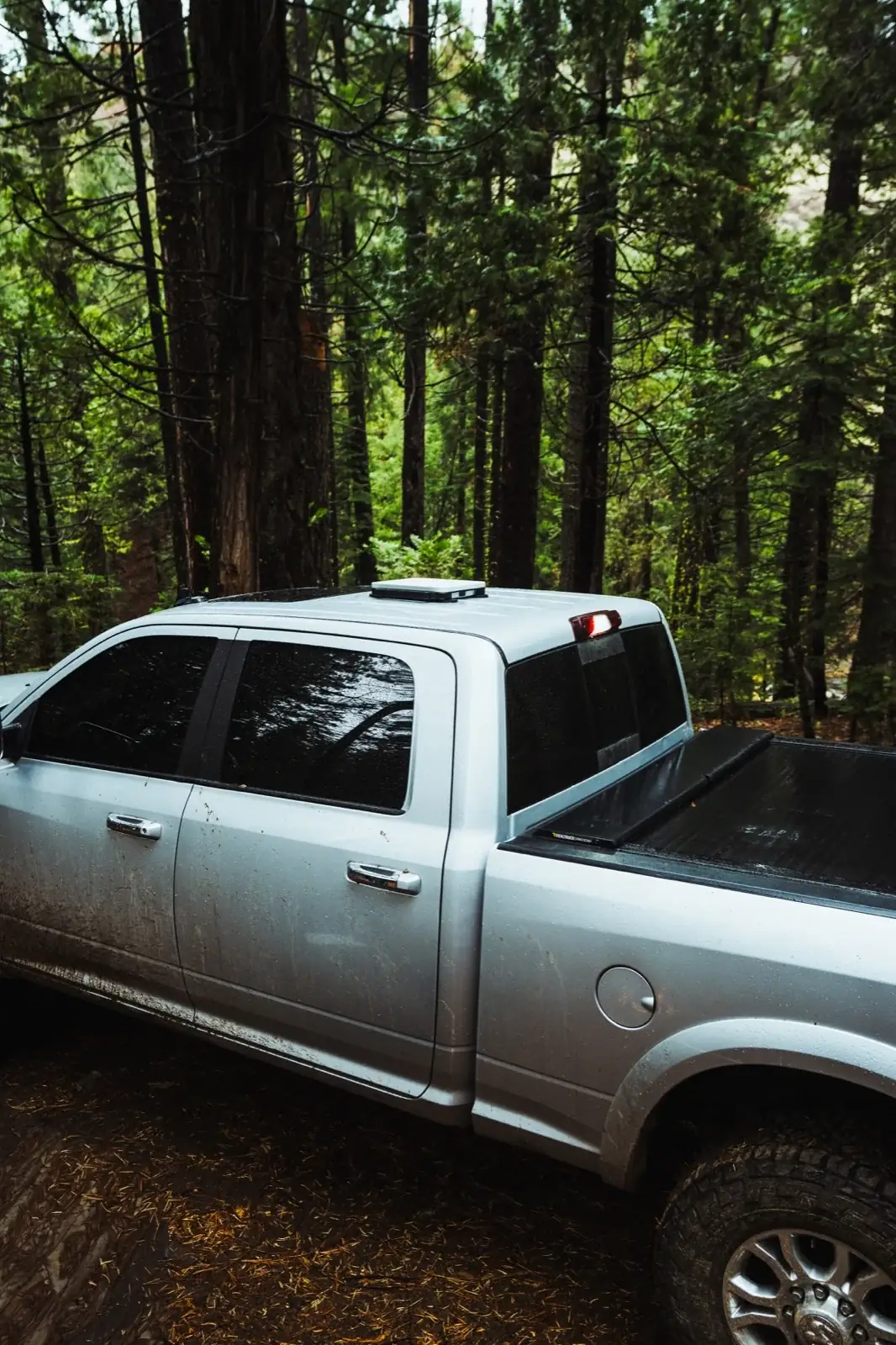 Starlink Mini on a Veritas mount on a Ram truck in the forest