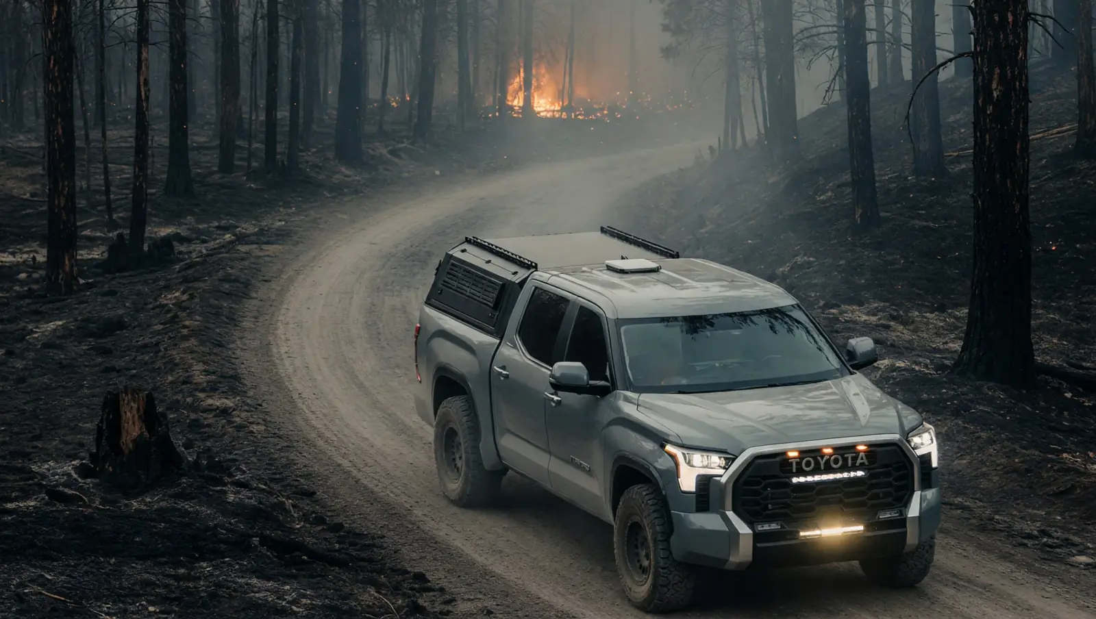 Starlink Mini mount on a truck driving through a fire-scarred forest road