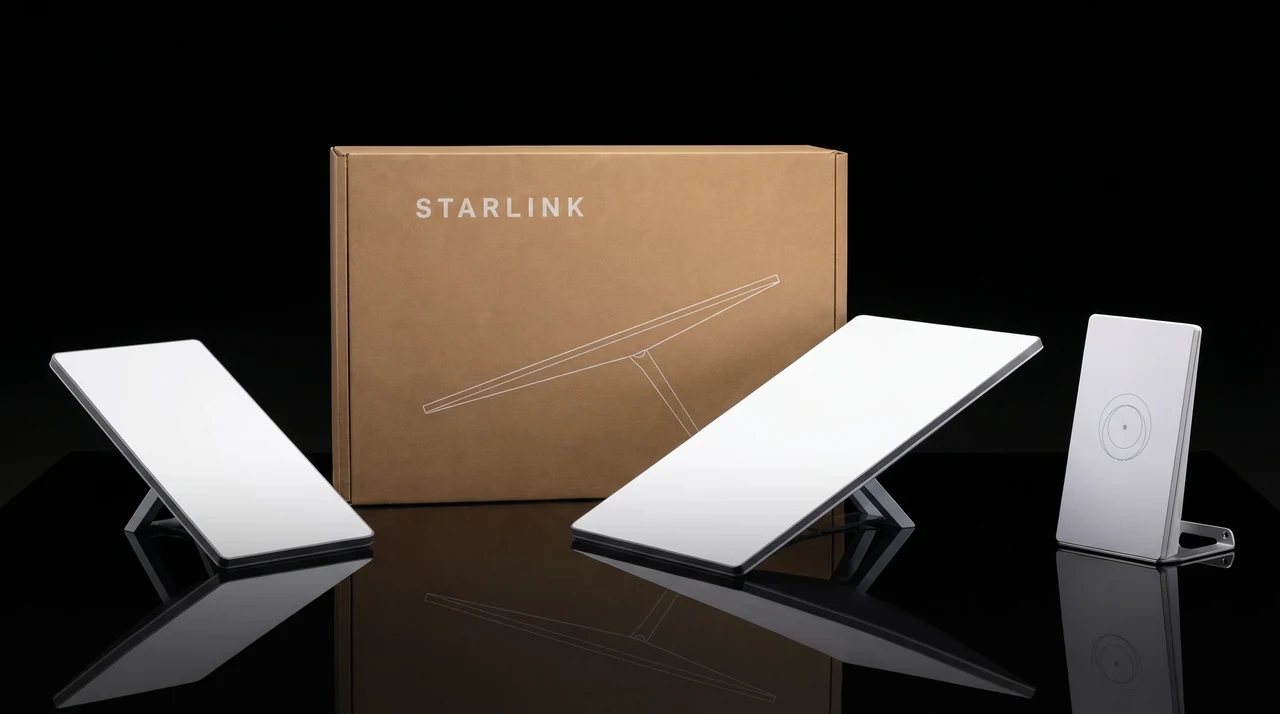 Starlink Mini and Standard hardware on a dark studio surface