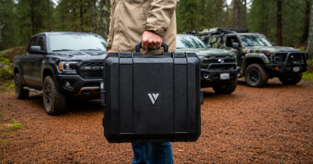 Veritas travel case staged with fleet vehicles for Starlink deployment