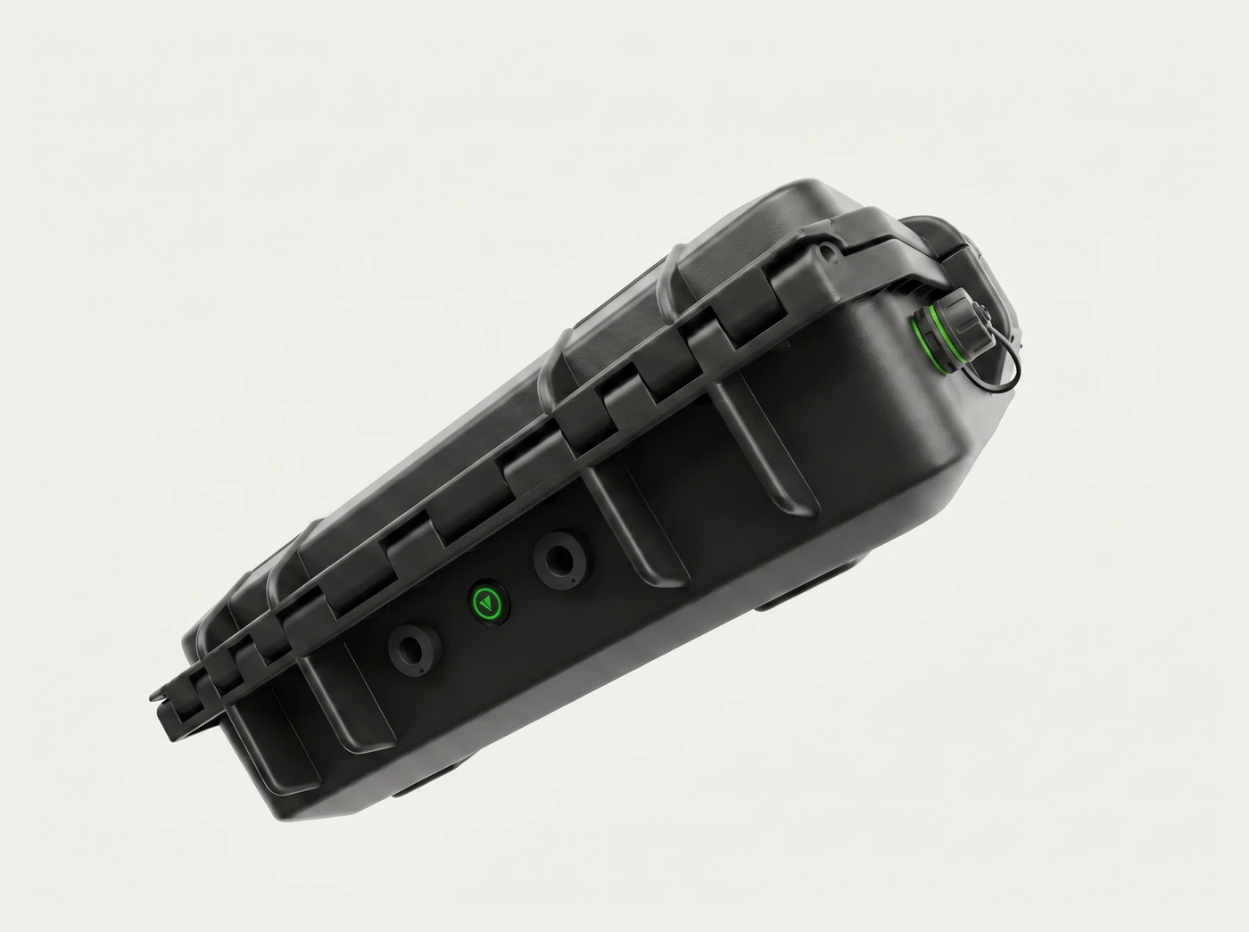 Exterior side of the VBAT45 travel case showing ports, power button, and sealed CAT6 cap