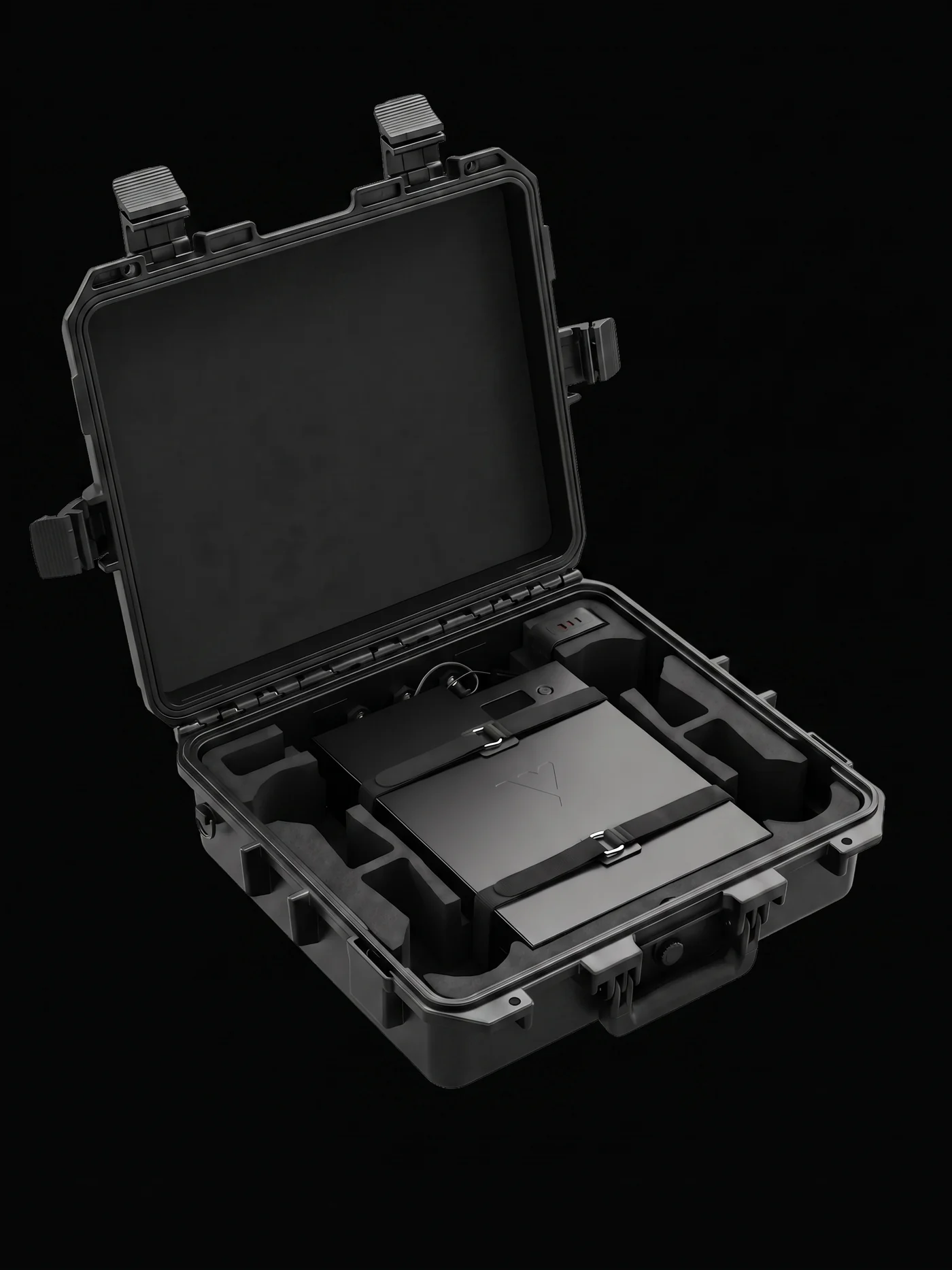 Open VBAT45 case with battery and accessory layout