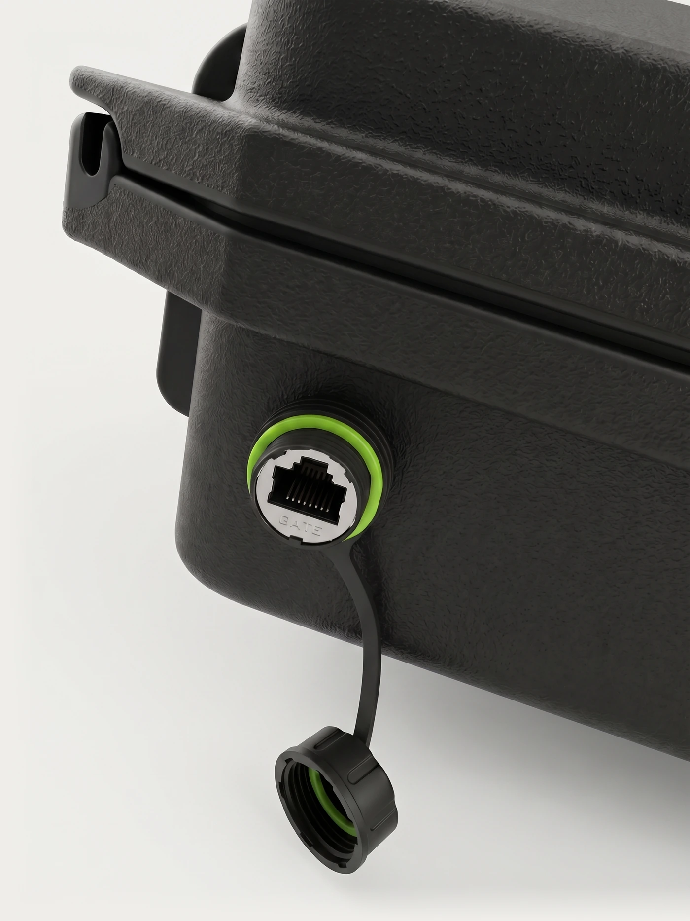Close-up of the sealed CAT6 Ethernet pass-through on the VBAT45 travel case