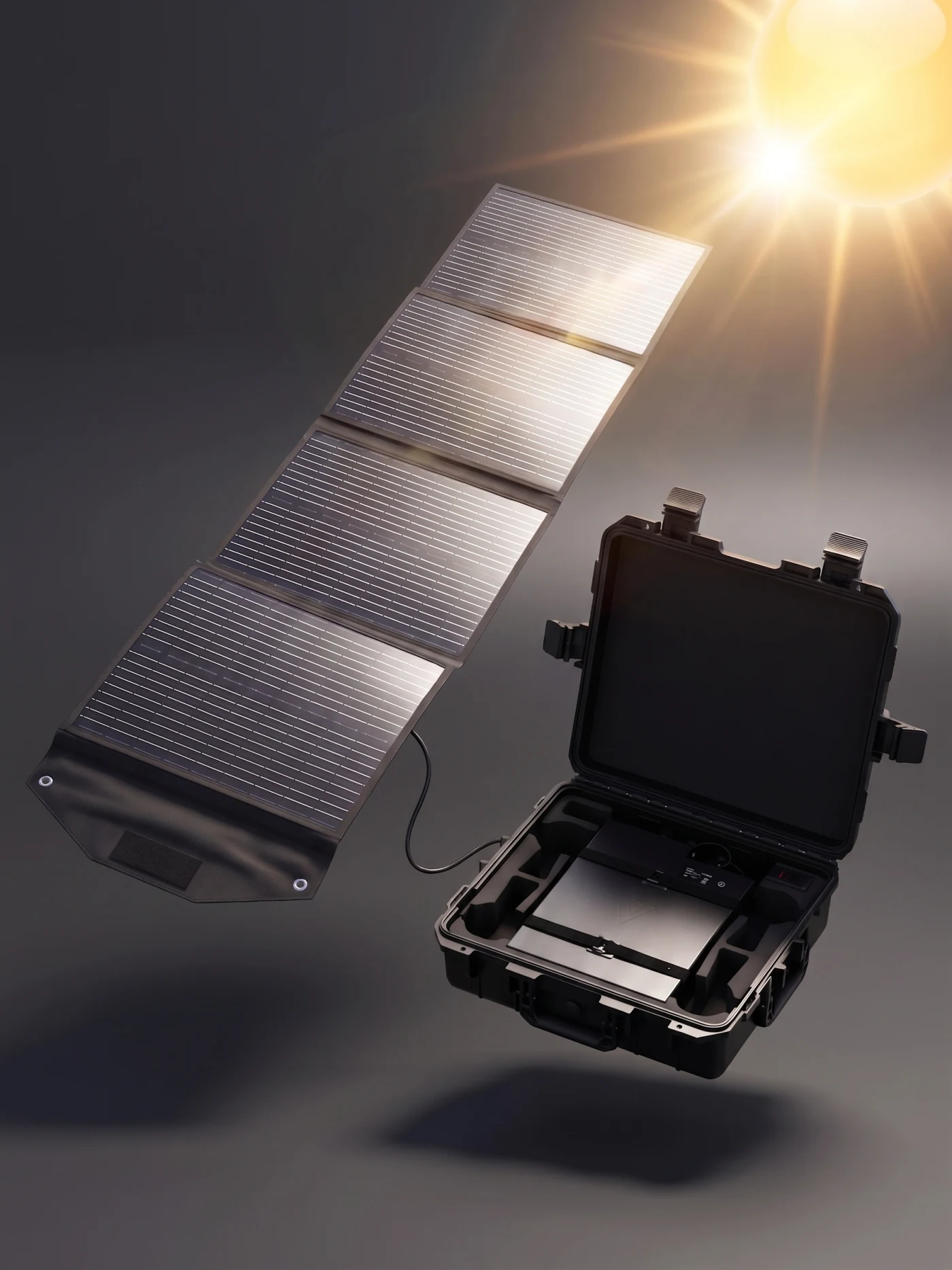 Open VBAT45 case and folding solar panel in bright field light