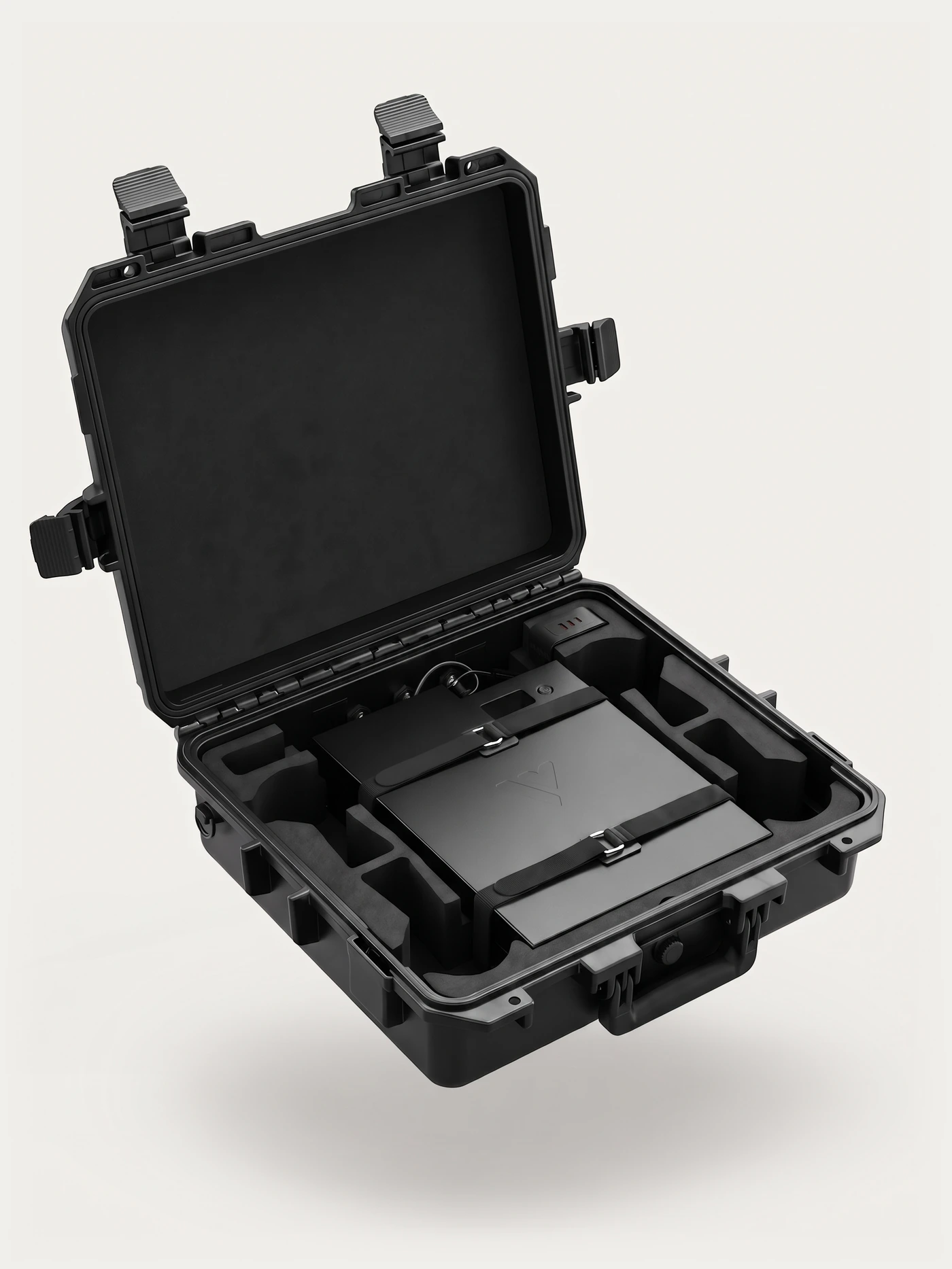 Open travel case with VBAT45 battery, cable, and accessory tray