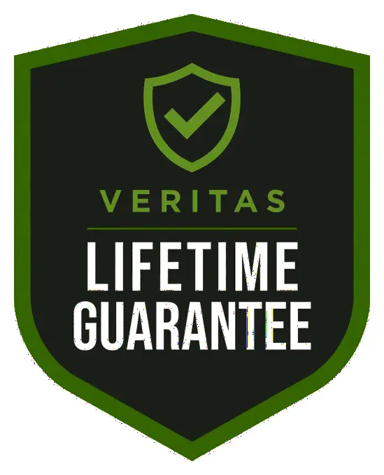 Veritas Lifetime Guarantee badge — a dark shield with a green check mark
