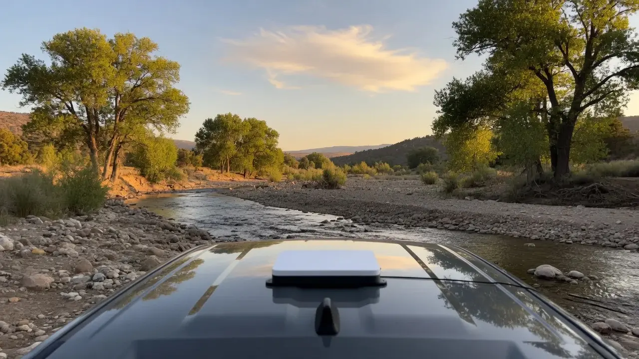A Starlink Mini dish on a Veritas roof mount crossing a rocky riverbed at sunset